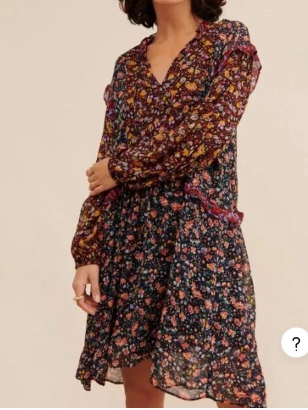 Anthropologie Helene Tunic Dress Black Floral Ruffled Chiffon Size: Med